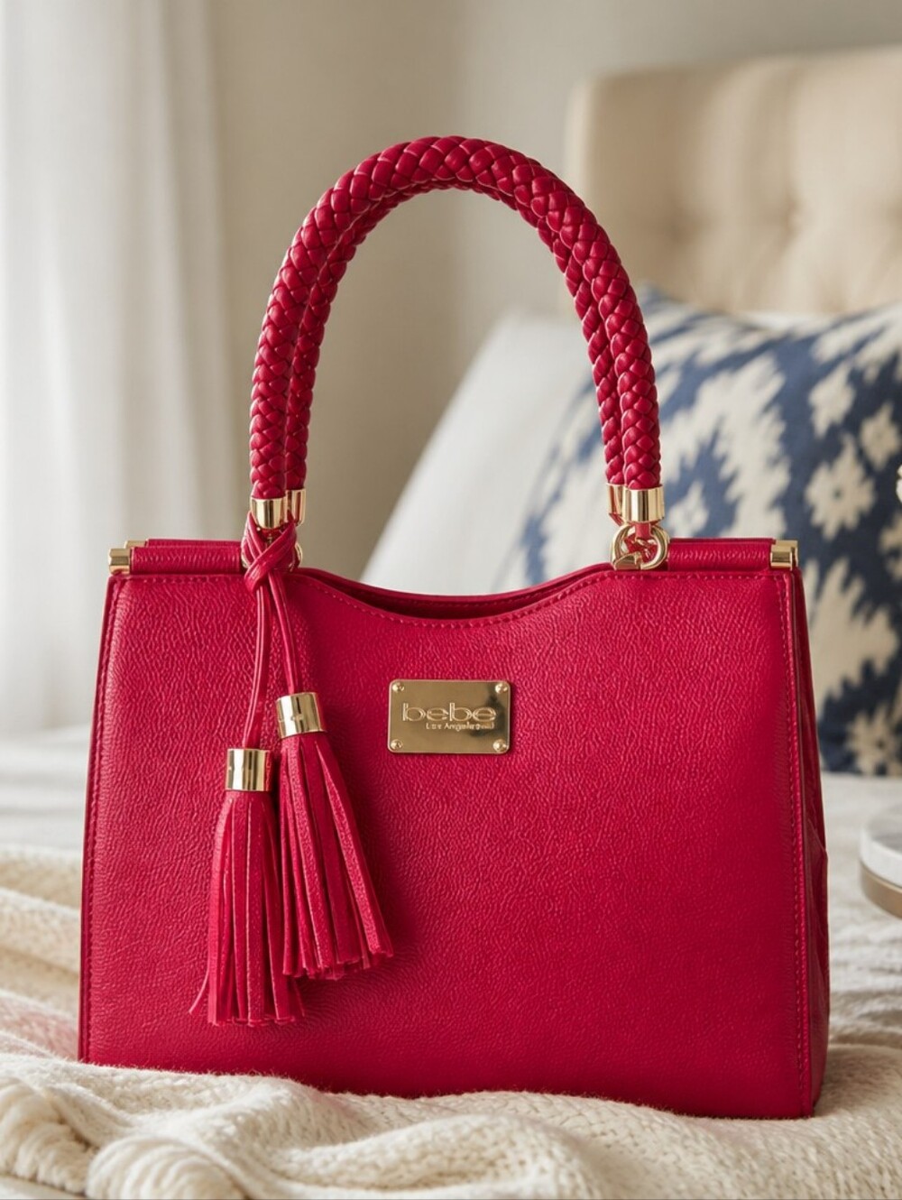 bebe Hot Red Braided-Handle Satchel with Tassels